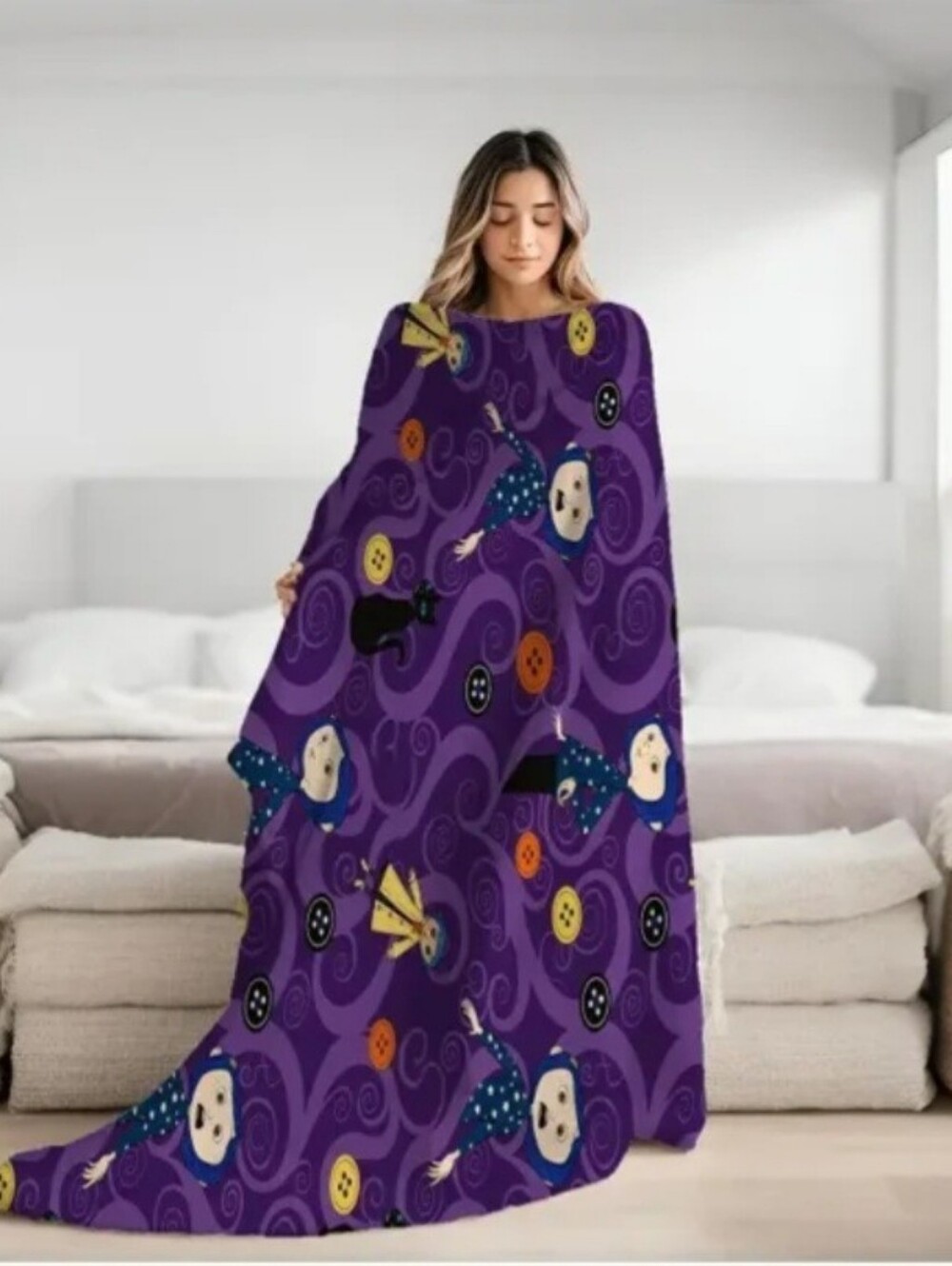 NEW Coraline Button Purple Plush Throw Blanket